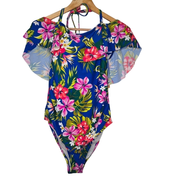 Kona Sol Other - Kona Sol Blue Colorful Floral Off Shoulder Ruffle One Piece Swimsuit Size 14 W